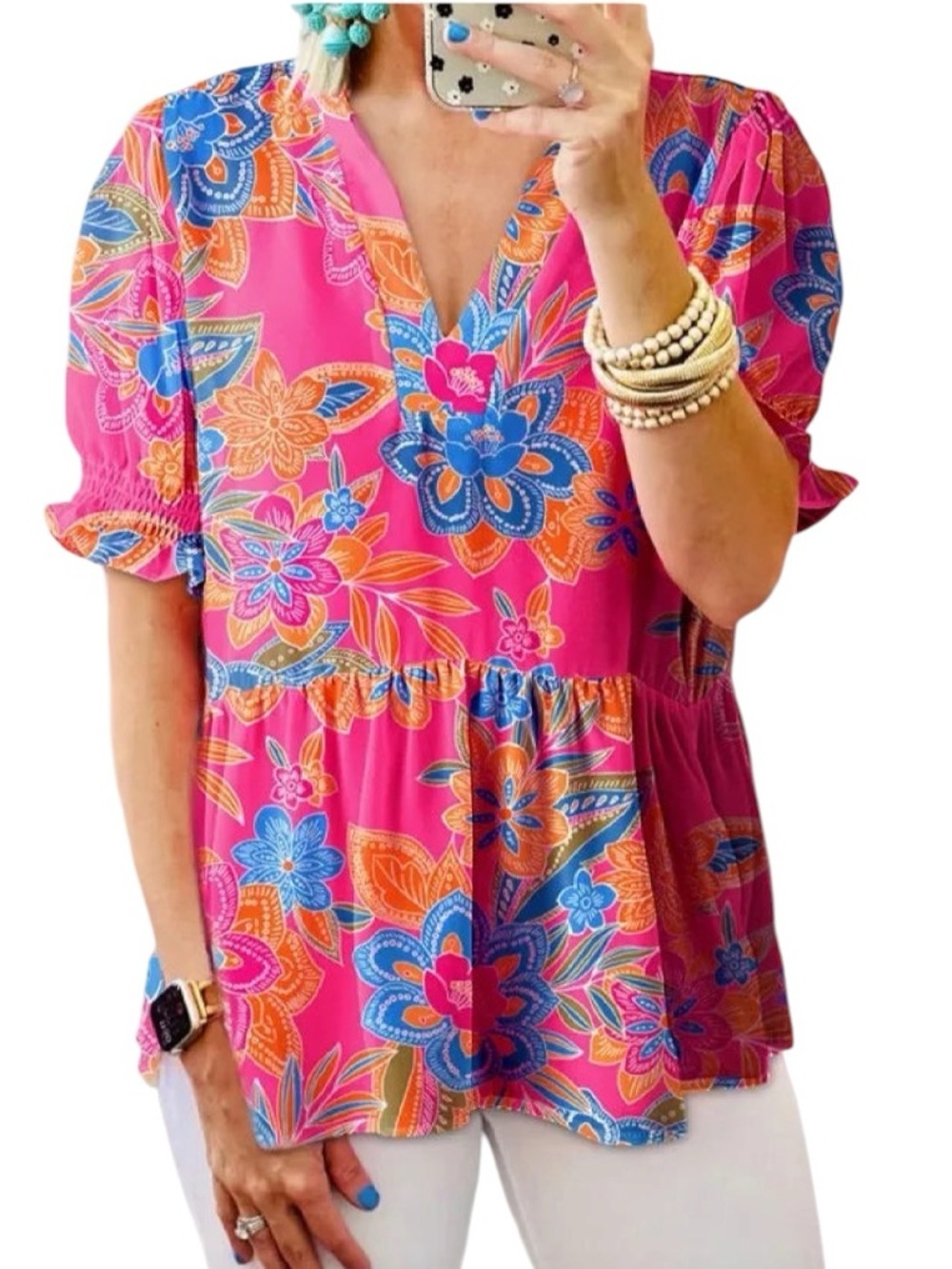 Boho floral print puff sleeve v neck top